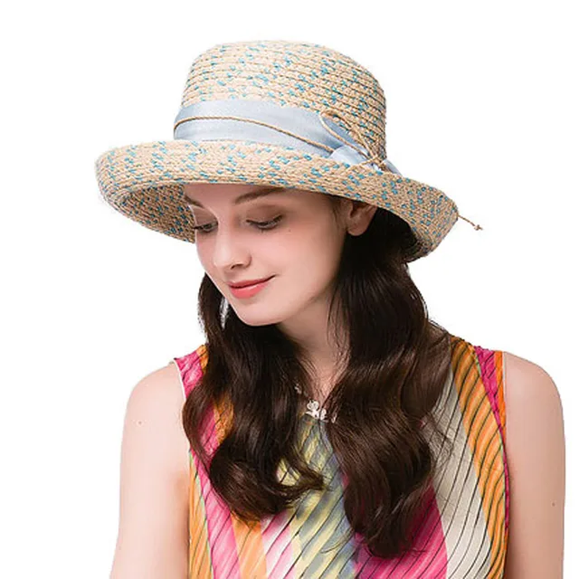 FS Elegant Raffia Women Straw Hats With Bow Bowler Hat Pink Blue Wide