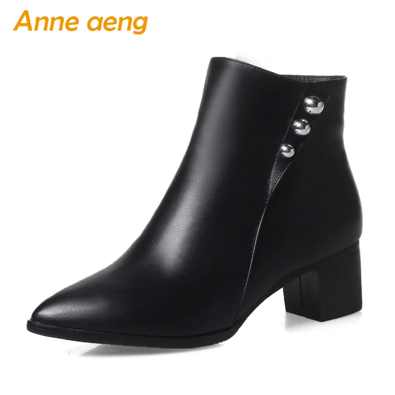

2018 New Winter Women Ankle Boots Middle Square Heel Pointed Toe Zipper Elegant Sexy Ladies Winter Women Shoes Black Snow Boots