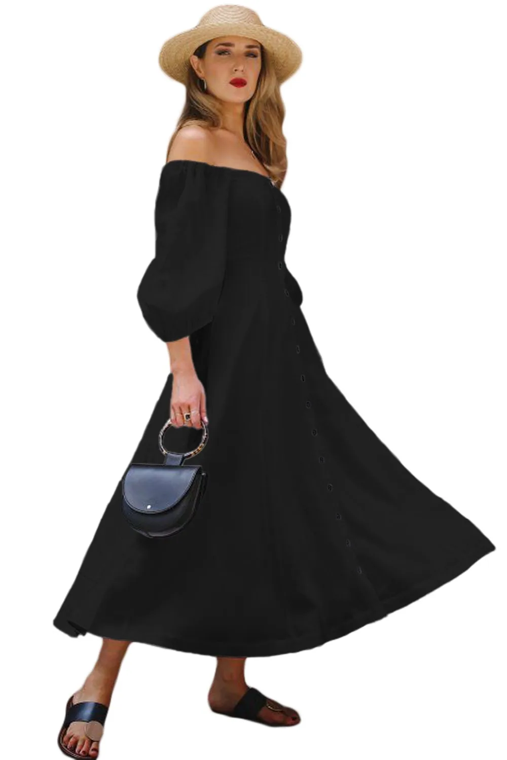Black-Off-Shoulder-Puff-Sleeve-Button-Front-Vintage-Dress-LC610287-2-2