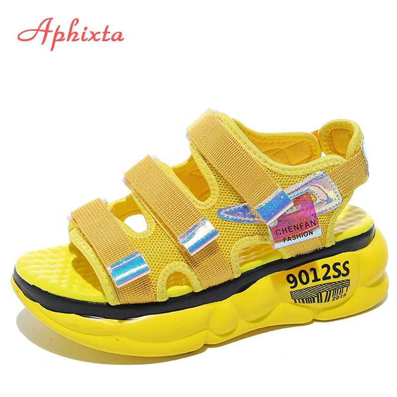 Aphixta Thick Sole Platform Sandals Women Shoes 5cm Wedge High Heels Letters Canvas Summer Yellow Beach Shoes Chunky Sandals