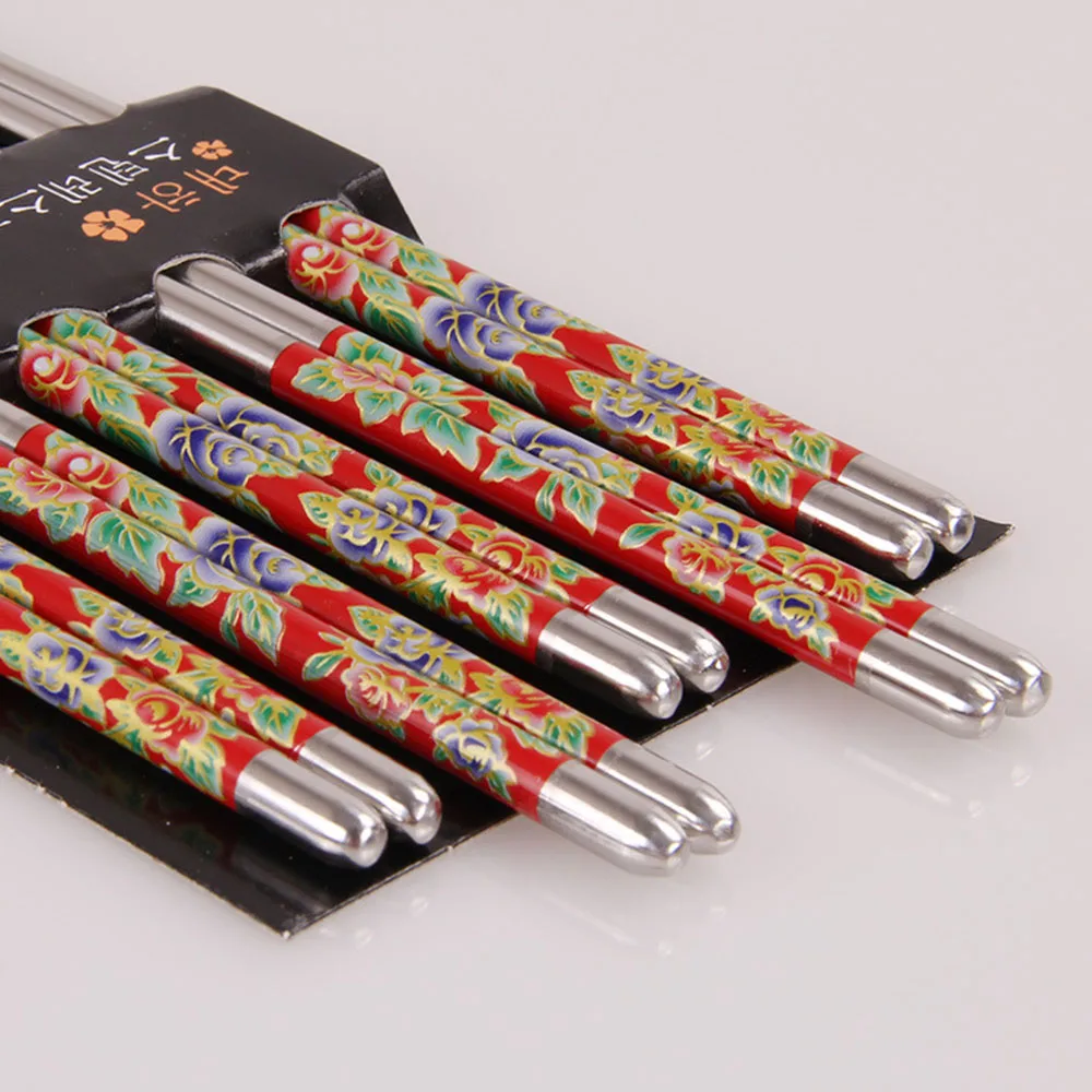 5 Pairs Stainless Steel Durable Food Stick Chinese Traditional Flowers Pattern Stainless Chopsticks Tableware Christmas Gifts - Цвет: Violet