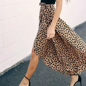 

Women's Vintage Lace-Up Leopard Printed Wrap Over Asymmetrical Skirt High Waist Long Maxi Sexy Skirt New Fashion