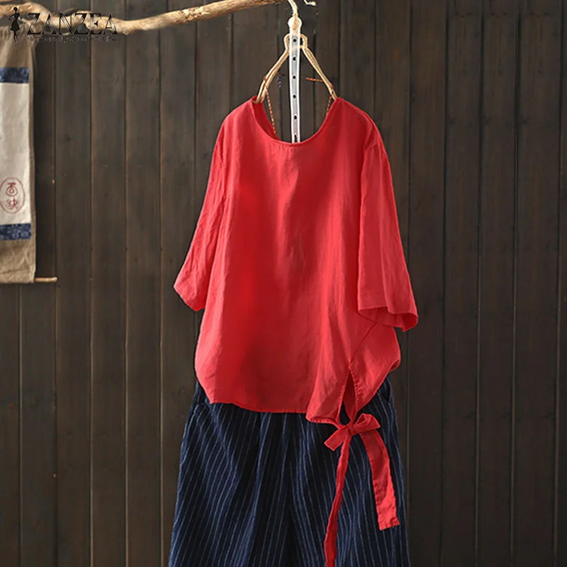 

2019 ZANZEA Summer Blouse Women Casual O Neck 3/4 Sleeve Loose Beach Party Cotton Linen Top Solid Lace Up Work Shirt Plus Size