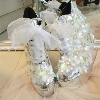 

White Lace Flower Silver Ankle Boots Height Increased Internal Women Platform Shoes Handmade for Girls Lady