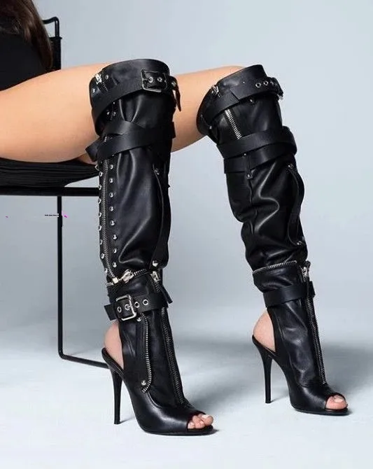 

Women Newest Fashion Open Toe Black Leather Zipper Design Gladiator Boots Cut-out Detachable High Heel Long Folded Studded Boots