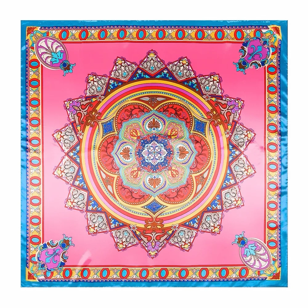 2018 New 90cm*90cm Bohemian Bodhi Twill Silk Square Scarf Large Head Wraps Scarves Women Female Printed Shawls