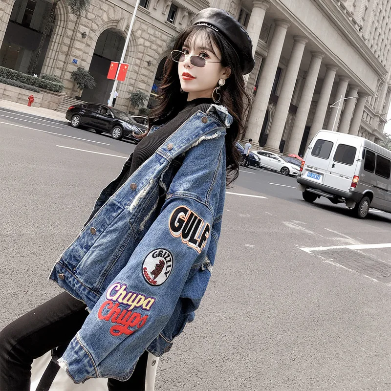 denim jacket loose denim jacket female embroidered jeans jacket hip hop hole single-breasted jeans jacket casual female jacket