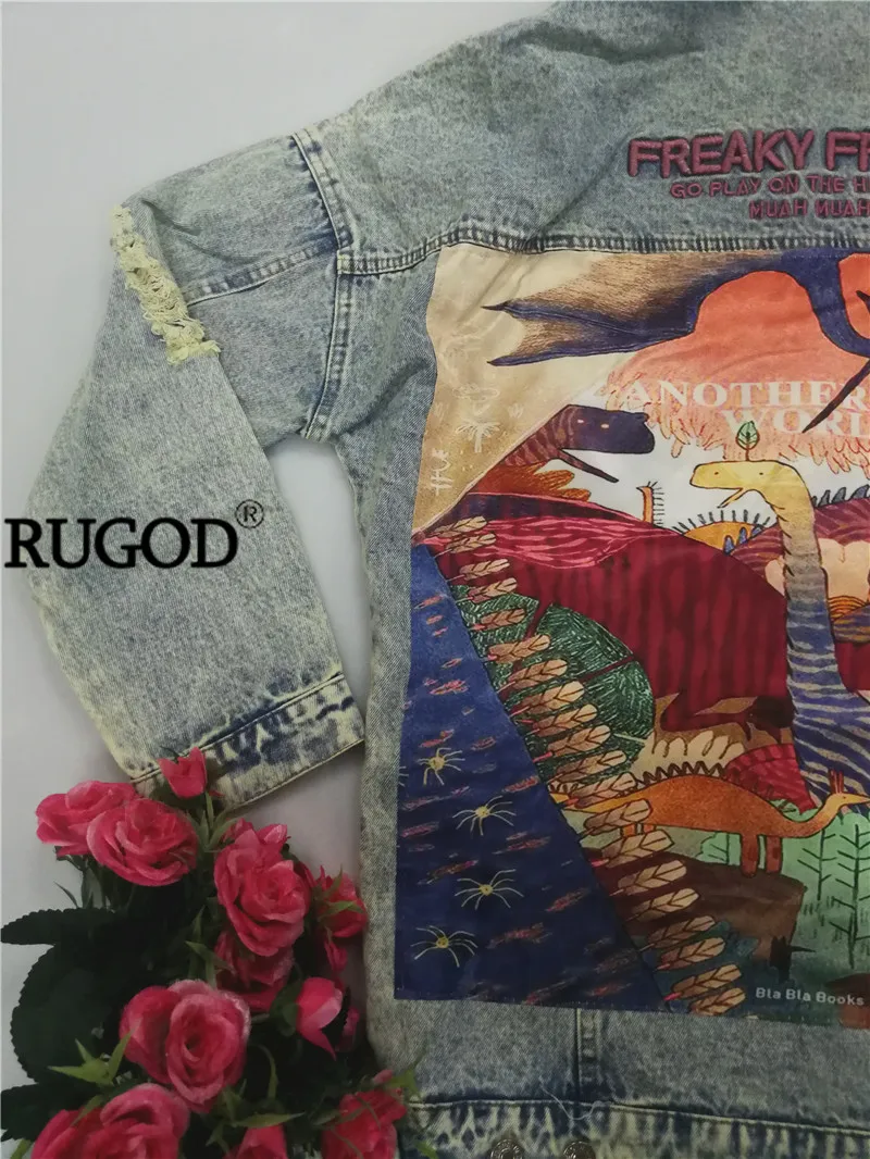 RUGOD 2019 Новая Осенняя смешной мультяшный принт длинная джинсовая куртка женская винтажная уличная джинсовая куртка в стиле панк casaco feminino