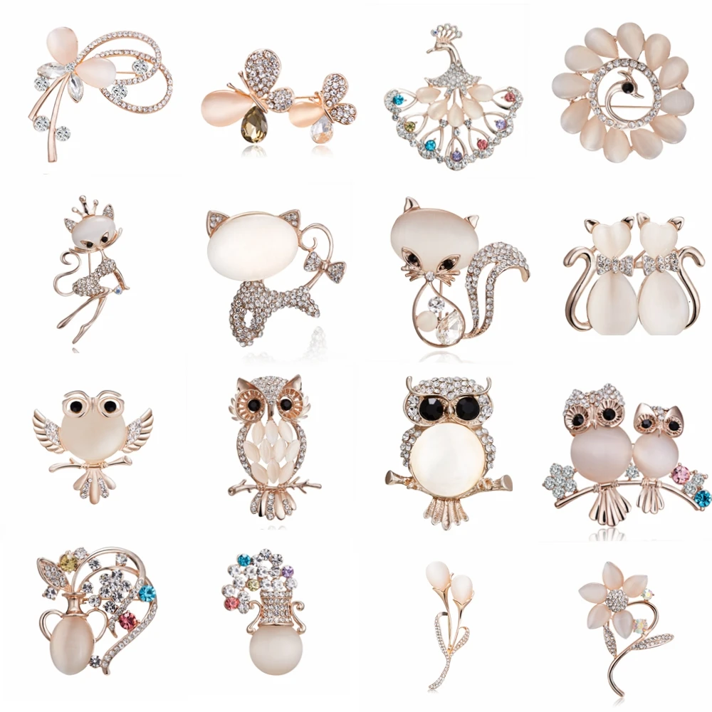 

Rinhoo wedding jewelry Cat's eye Natural Precious stone Flower Owl Cat brooches Women crystal Gold brooch pin Gift