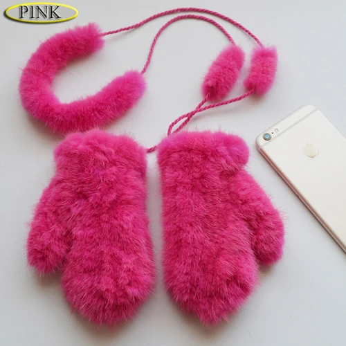Брендовые Детские перчатки из натурального меха, зимние теплые перчатки из натурального меха норки, Милые Роскошные вязаные варежки из меха норки, лучший подарок для детей - Цвет: pink