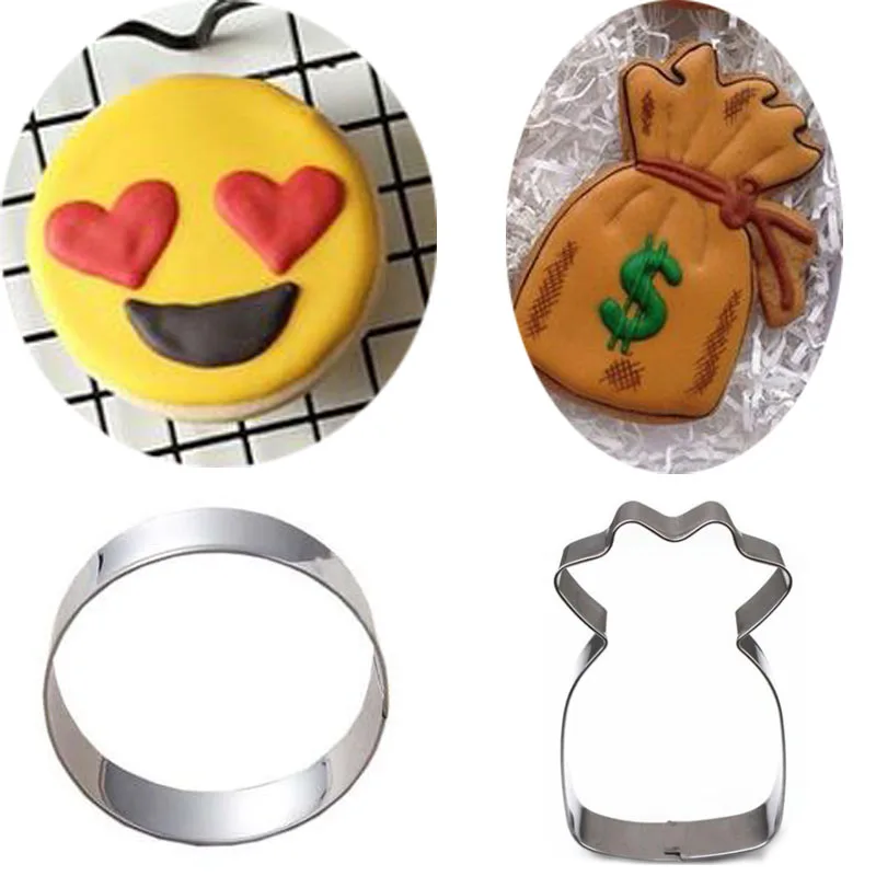 2pcs patisserie reposteria Emoji Smiley Money Bag Cookie Cutter Metal Mold Fondant Cake Decor