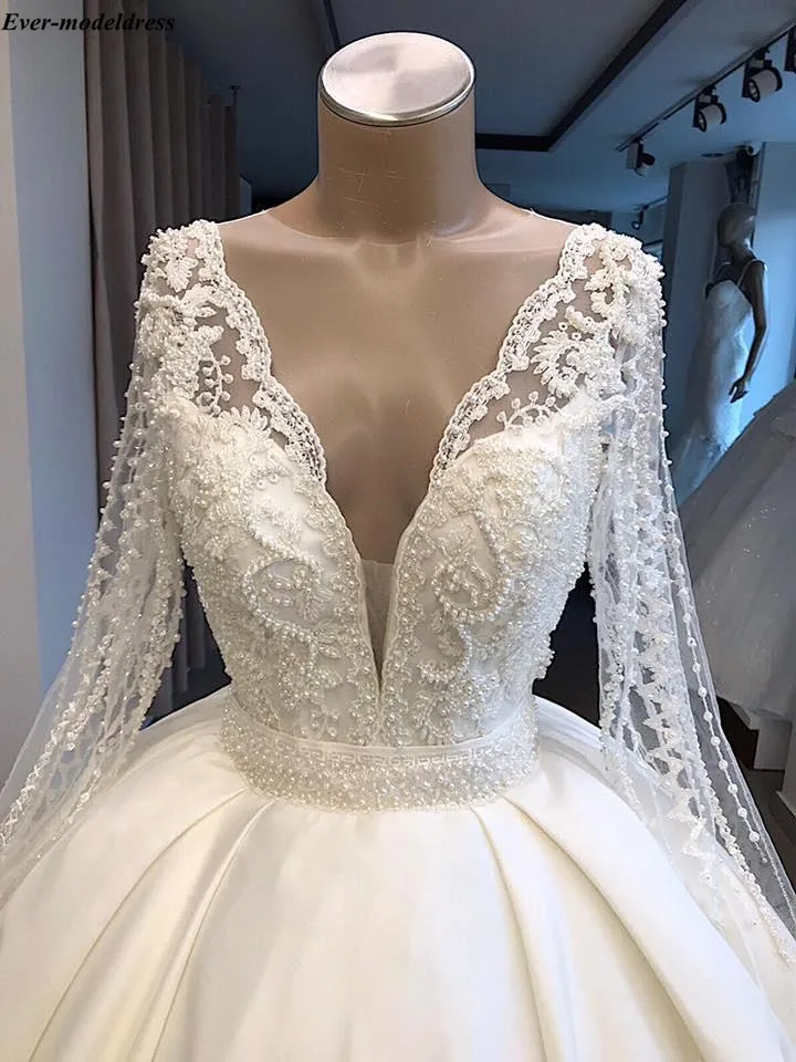 Ball Gowns Long Sleeves Wedding Dresses Plus Size Lace Appliques Pearls V Neck Button Gorgeous Bridal Gowns Robe De Mariee Wedding Dresses Aliexpress