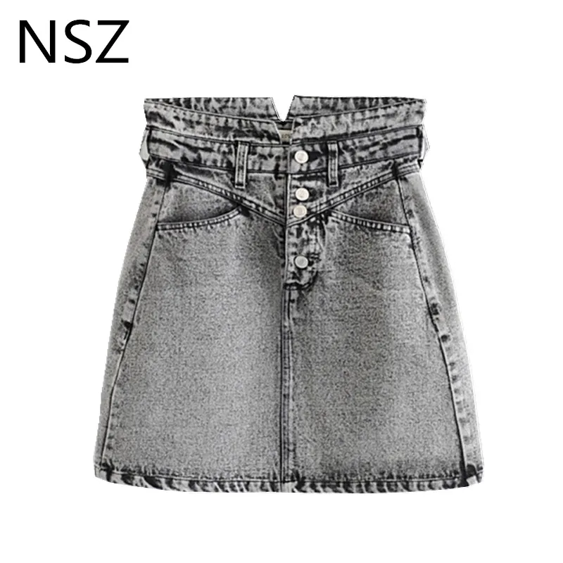 

NSZ Women Jeans Skirt Washed Distressed Denim Mini Skirt Double Pocket Button High Waist Short Skirt Faldas jeans