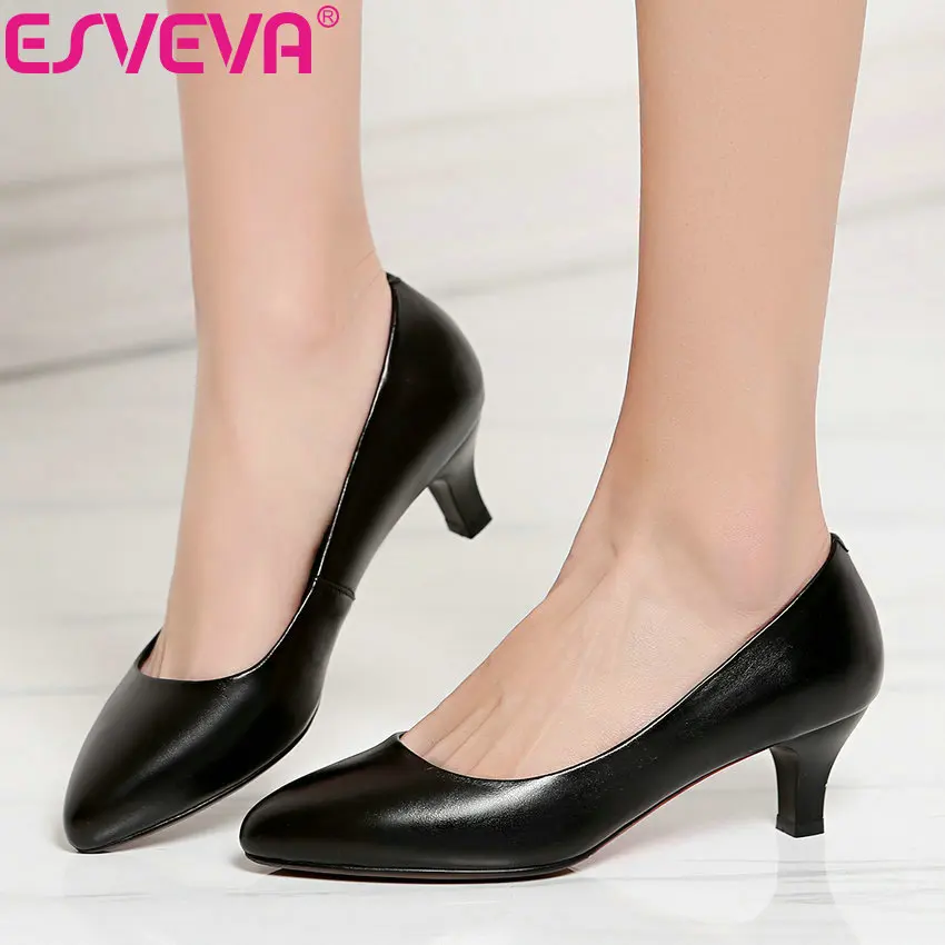 

ESVEVA 2019 Women Pumps Slip on PU Leather Shoes High Heels Sandals Spring Autumn Pointed Toe Western Style Women Shoes 34-43