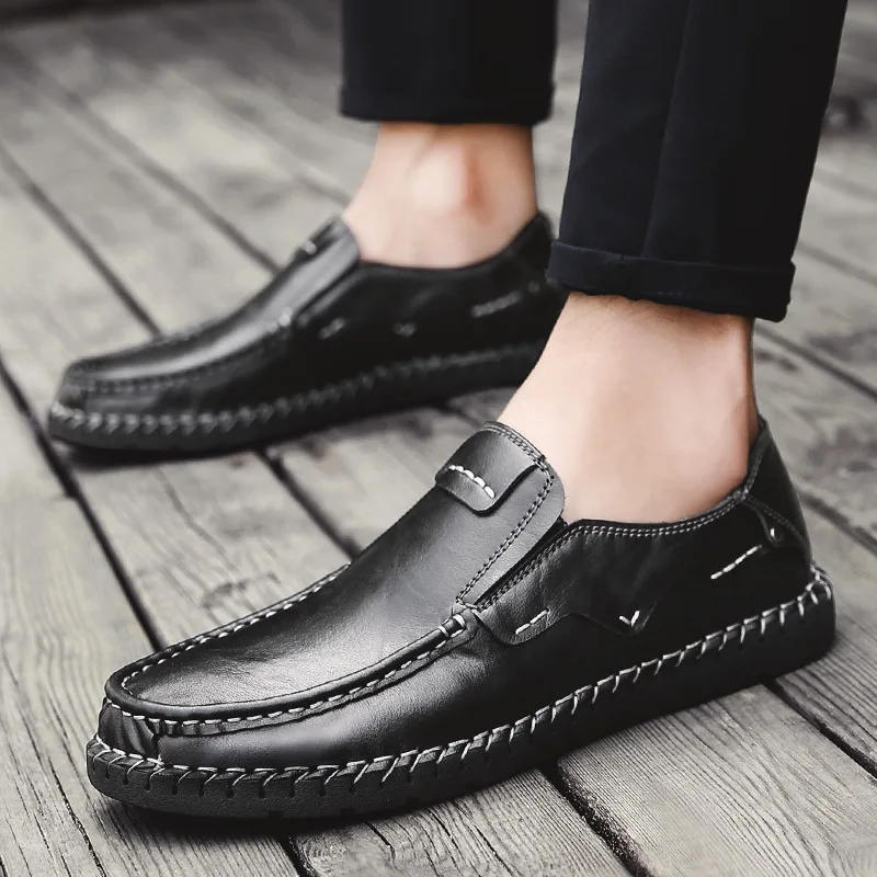

Round Toe Fashion Leisure Genuine Leather Men's Dress Shoes Slip-On Low Sewing Oxfords Solid Spring Autumm Dress Men Shoes