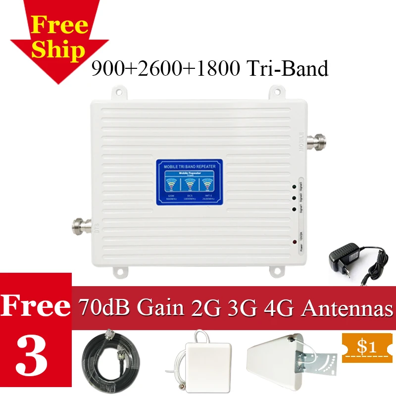 

Russia 900 1800 2600 Tri-Band Signal Cellular Booster GSM DCS FDD LTE 2600 2G 3G 4G Mobile Signal Repeater Cell Phone Amplifier