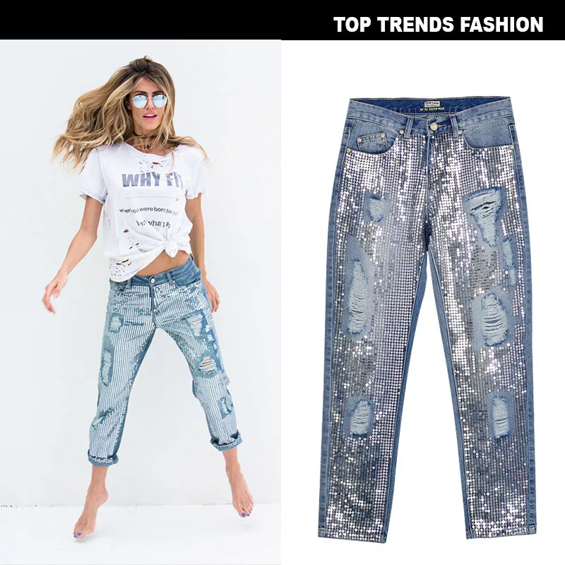 Новинка, женские свободные прямые джинсовые штаны, Ультра Популярные джинсы с вышивкой металлическими бусинами и дырками