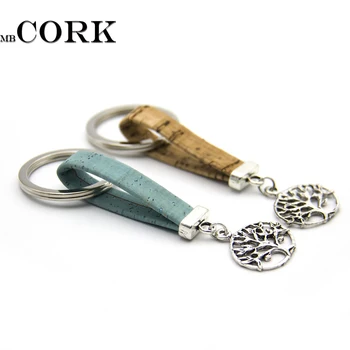 

Natural Cork keychian Antique sliver life of tree with blue and beige handmade cork Keychain original wooden I-025