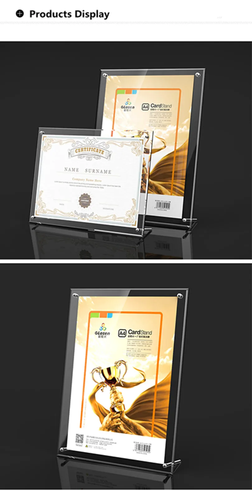 А4 листовки меню держатель для карт Стенд акриловый Настольный плакат Название продукта знак держатель стенд сертификат рамка