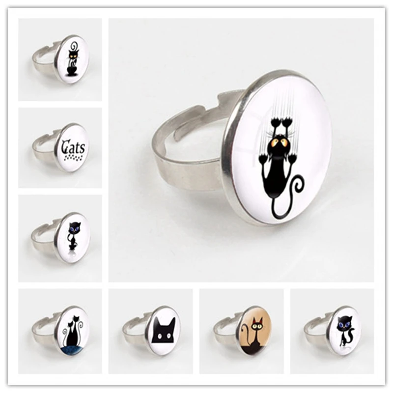 

2019 Fashion retro Wholesale Art Glass ring Cat Kitten ring Shabby Chic Cat Round ring Girls Glass ring
