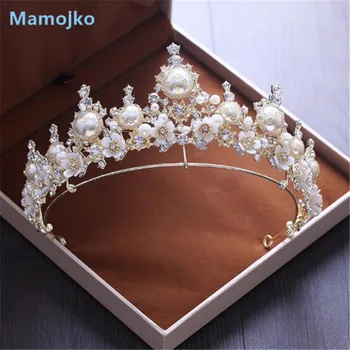 

Mamojko New Baroque Handmade Pearl Rhinestone Bridal Tiaras Crowns Flower Pageant Bride Hair Accessories Wedding Diadem Jewelry
