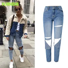 Женская одежда с высокой талией однотонные потертые джинсовые капри прямые брюки женские модные уличные свободные джинсы из чистого хлопка