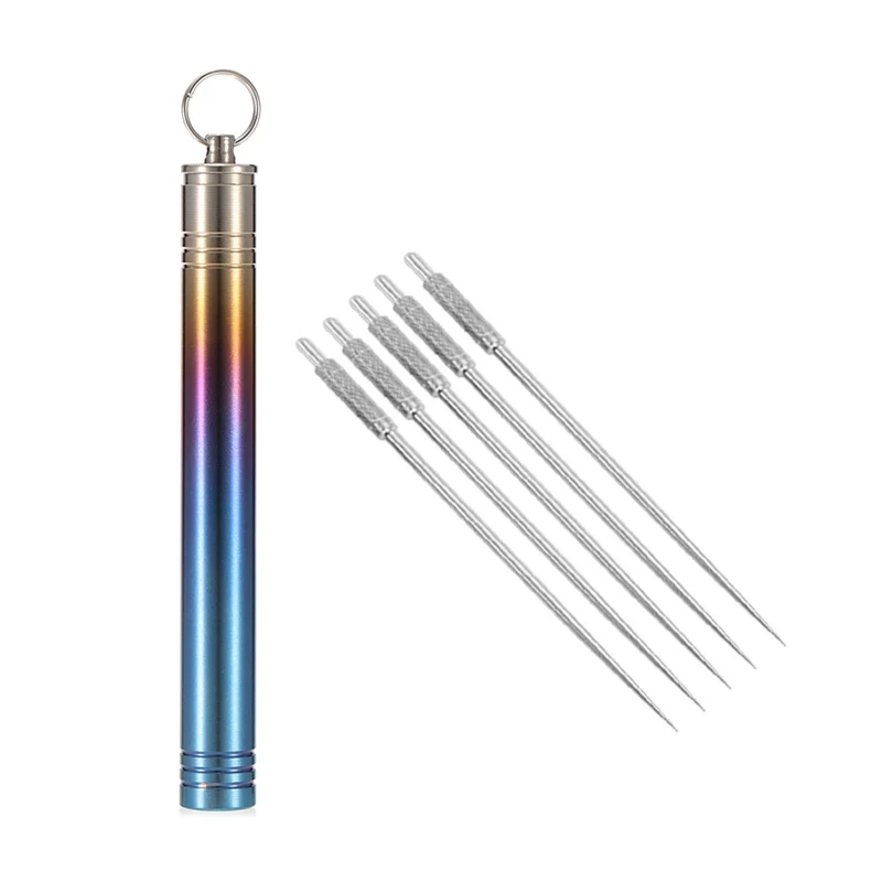 Titanium Food Grade Titanium Toothpick Holder with 5pcs Toothpicks Fruit Fork Box
