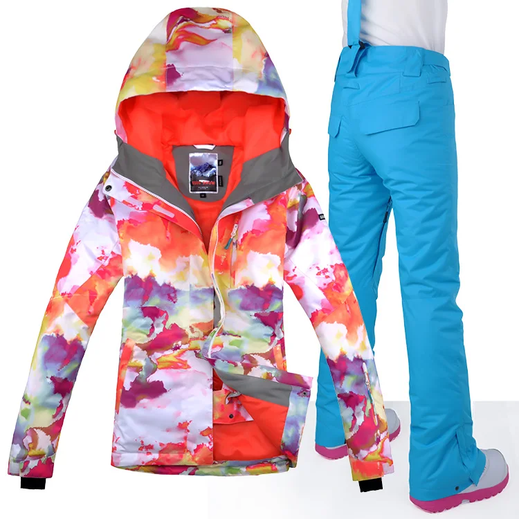 Женская лыжная куртка+ штаны с принтом стильная ветрозащитная Водонепроницаемая дышащая уличная спортивная одежда супер теплый комплект для катания на лыжах и сноуборде