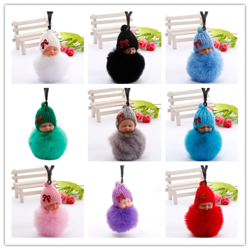 

New Cute Sleeping Baby Doll KeyChains For Women Bag Toy Key Ring Fluffy Pom pom Faux Fur Plush Keychains