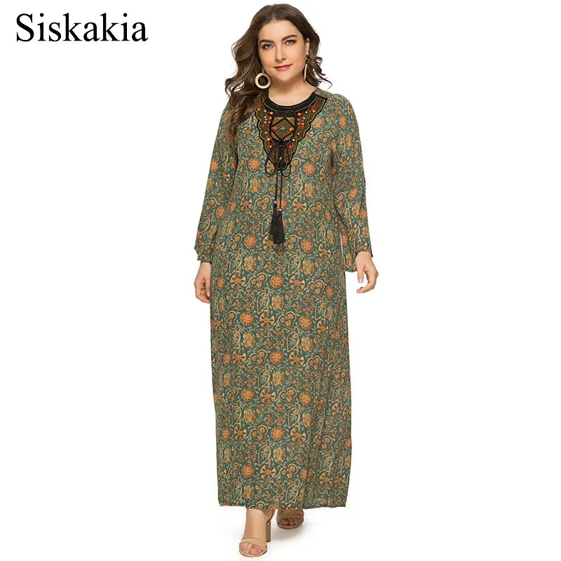 

Siskakia Ethnic Casual Long Dress Vintage Ribbon Patch Colored Beads Tassel Design Plus Size Dresses Full Sleeve Autumn 2019 New