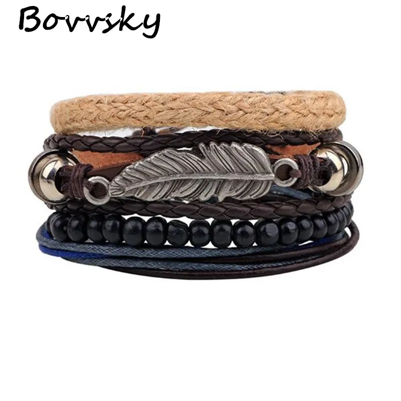 

Bovvsky Vintage Male Handmade Leather Bracelet Bangle Boho Wood Bead Friendship Braslet Man Wrist Band Pulseira Masculina Couro