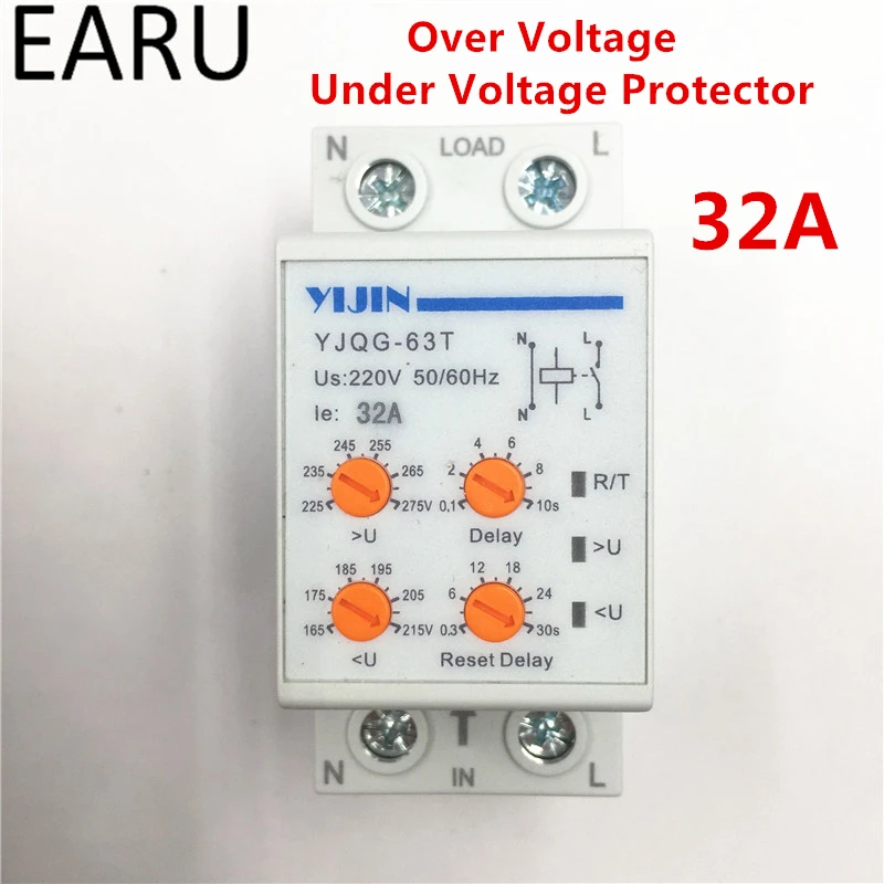 

32A 220V Din Rail Automatic Reconnect Over Voltage and Under Voltage Potection protective device relay with adjustable button