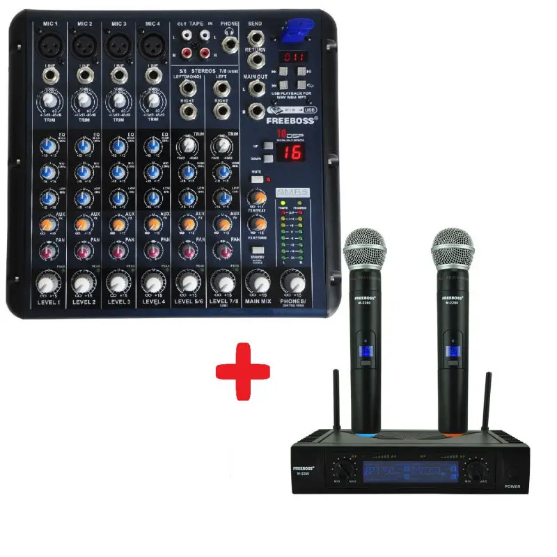 

FREEBOSS M-2280 UHF Handheld Wireless microphone + SMR8 Audio Mixer