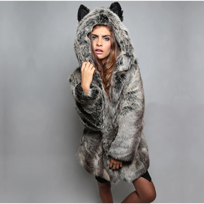 

Winter Women Faux Fox Fur Coat 2018 Casual Plus Size Hooded Fur Jacket Coat Cat Ear Warm Long Sleeve Jacket Overcoat 3XL