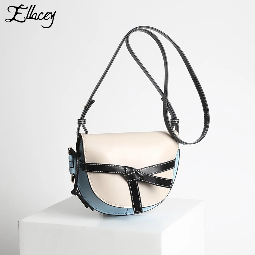 

New 2019 Contrast Color Saddle Bag Cow Split Leather Lady Retro Handbag Bow Mini Shoulder Crossbody Bags Panelled Small Bag