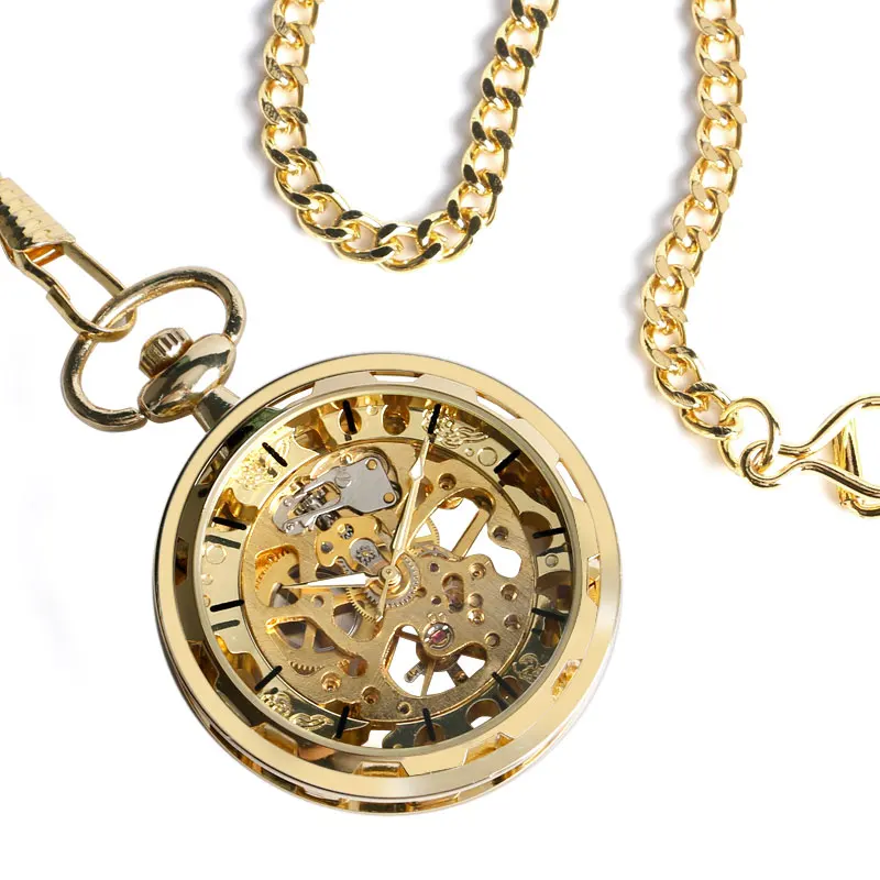 Luxury Golden Pocket Watch Skeleton Steampunk Mechanical Hand Wind Fob Clock Men Women Unisex Gift + Chain + Gift Bag 2017