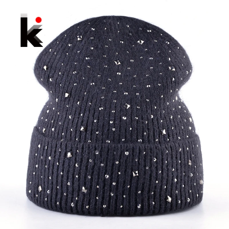 

Rhinestone Knitted Beanies Women Winter Knit Wool Hat For Girls Thick Skullies Beanie Caps Ladies Fashion Solid Touca Inverno