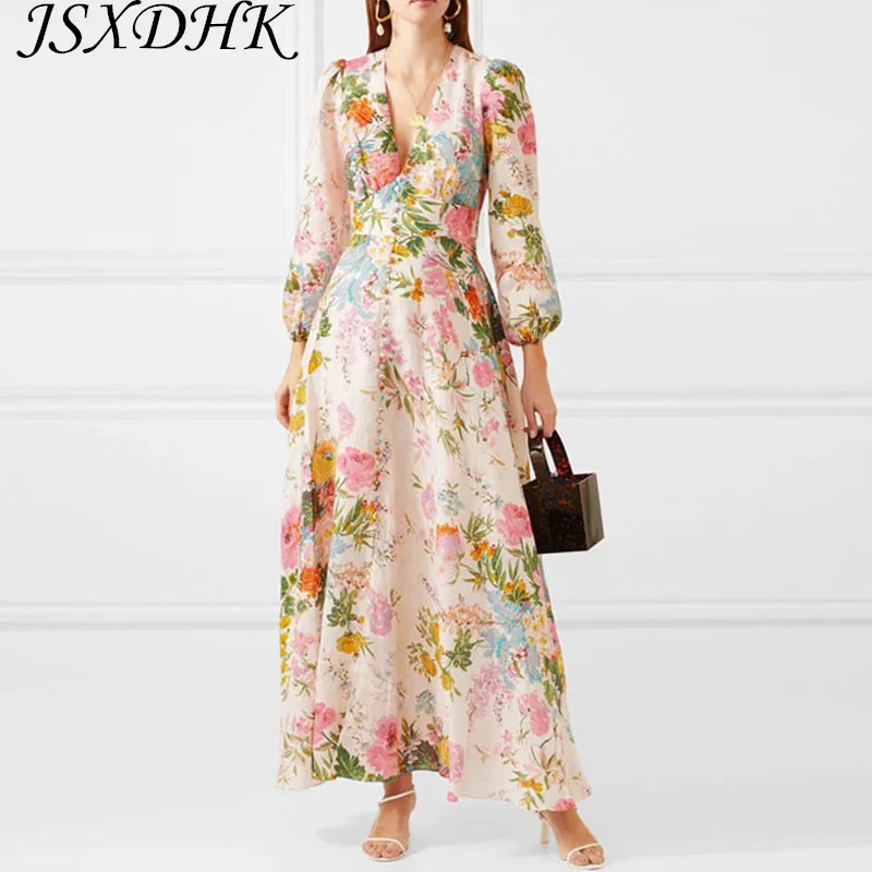 

JSXDHK Bohemian Sexy Deep V Neck Holiday Dress Runway Summer Women's Pink Floral Print Long Party Lantern Sleeve Sashes Dress