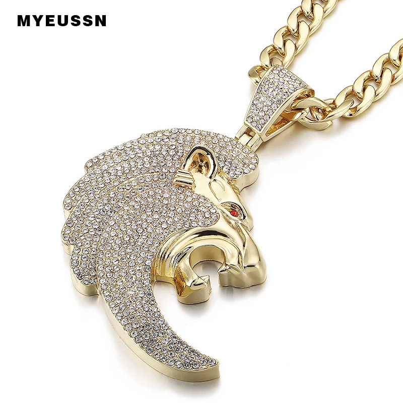 

Lion Head Animal Pendant Iced Out Bling Bling Crystal Charm Trendy Necklace With Chain For Men Father's Day Gift Hip Hop Jewelry
