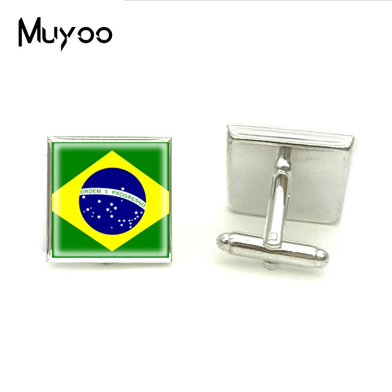 

2018 New Flag Of Brazil Square Cufflink High Quality Silver Glass Photo Cufflinks For Groomsmen Cuff Handmade Jewelry