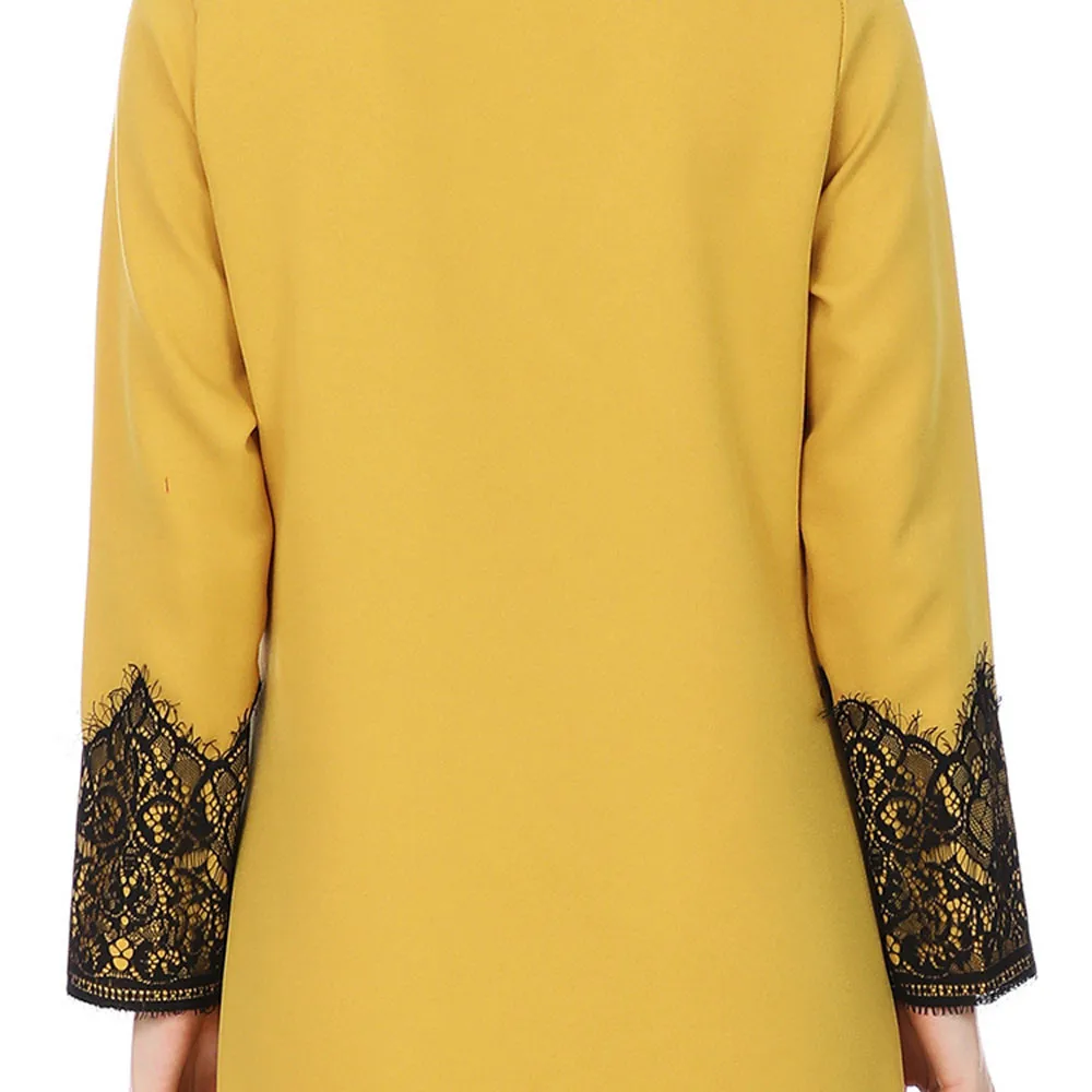 Свободное мусульманское платье из страуса, женское желтое кружевное платье с отделкой спереди, мусульманское Макси-кафтан, кимоно, мусульманское модное летнее платье для женщин