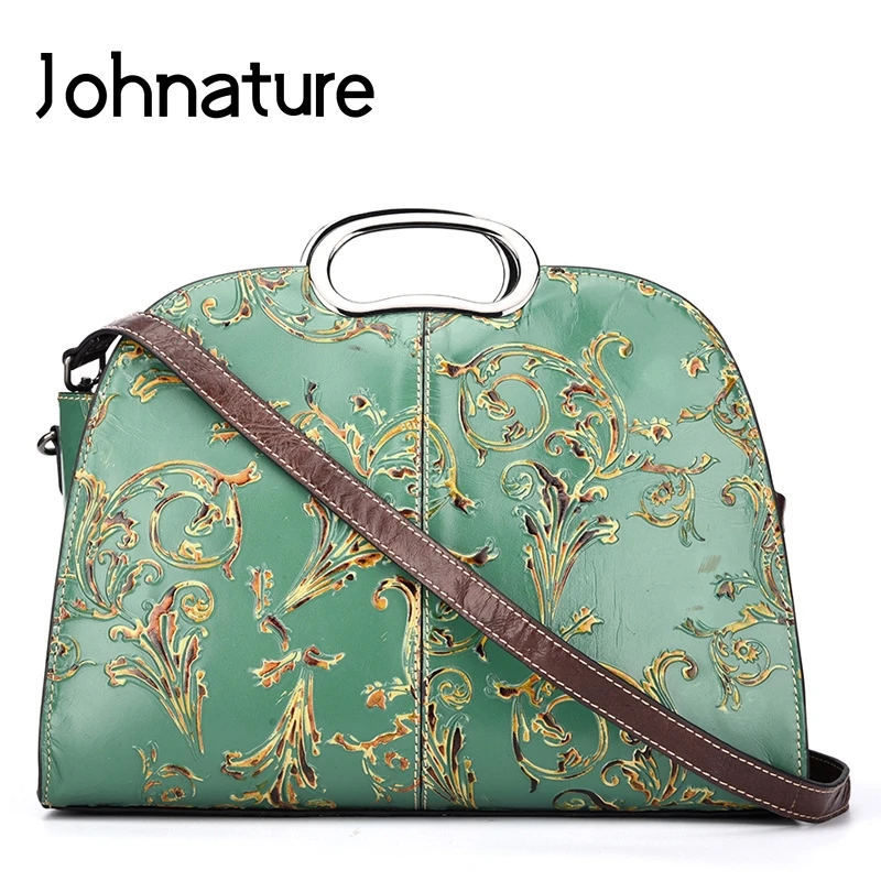 

Johnature 2020 New High Quality Genuine Leather Bag Vintage Embossing Large Capacity Handbags Floral Shoulder&Crossbody Bags