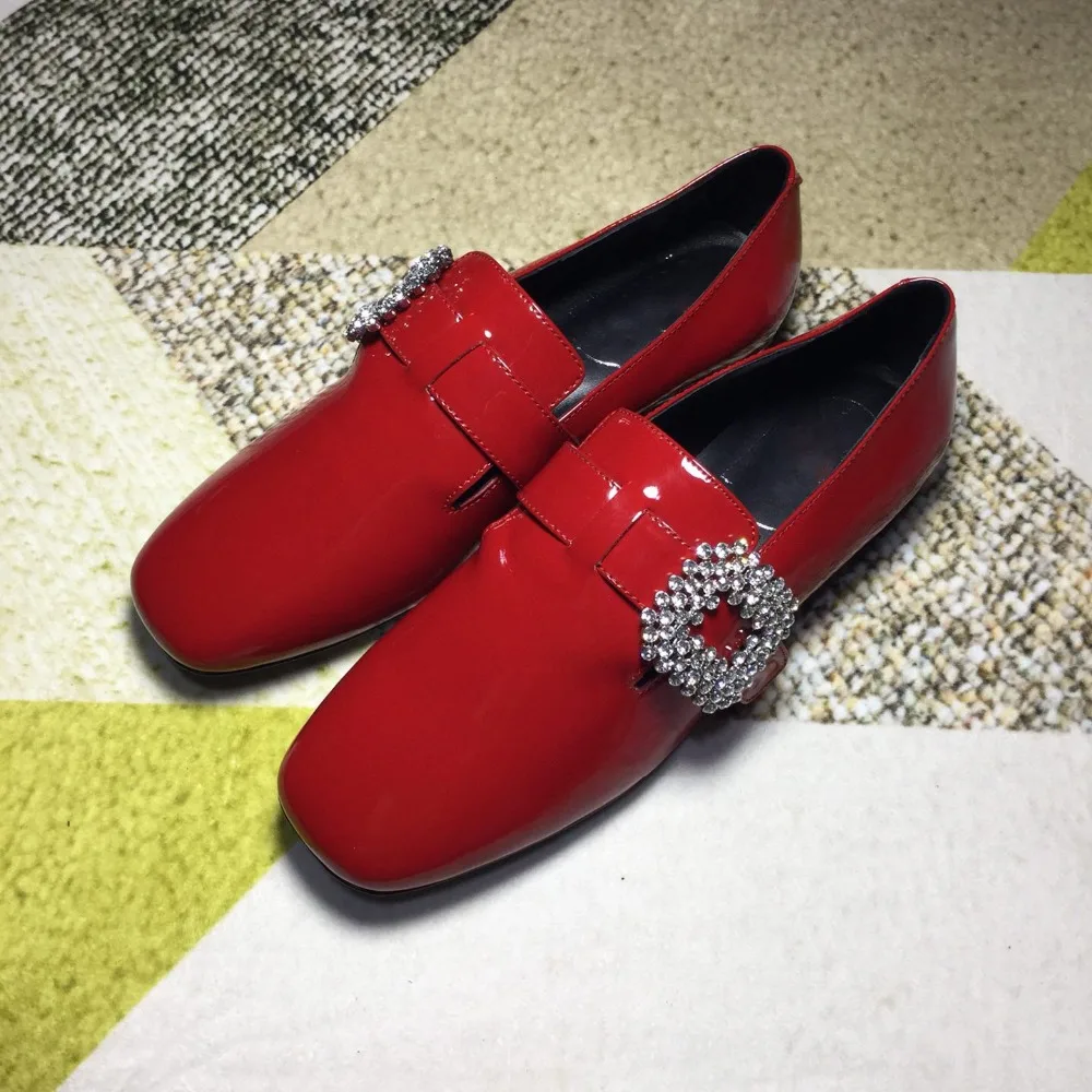 

Kmeioo 2019 New Brand Genuine Leather Shoes Woman Crystal Loafers Sheepskin Flats With Jewel Square Toe Flat Shoes Red Black