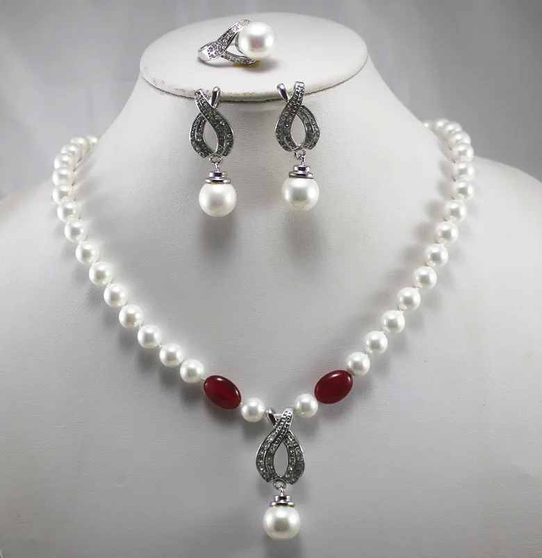 

hot sell new - wedding jewelry set!Wholesale simple and noble Women's white pearl Necklace earring ring(7/8/9) set #211