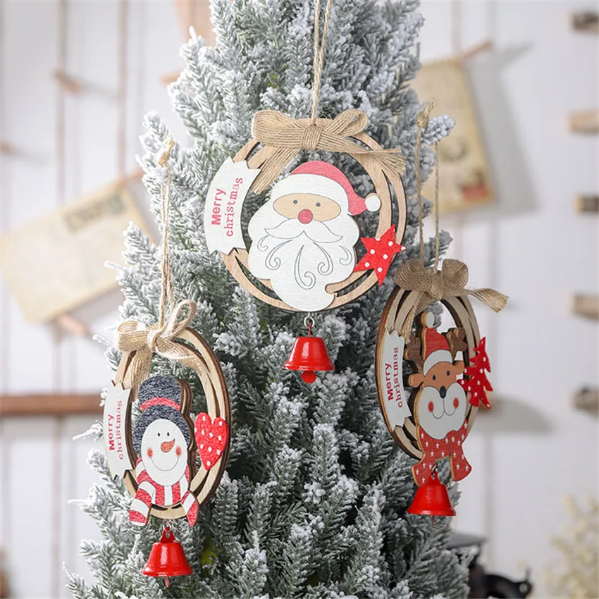 DIY Санта Клаус деревянный Рождественский кулон-венок с креативным бантиком с колокольчиком деревянное кольцо подвесная тарелка Рождественская елка подвесное украшение