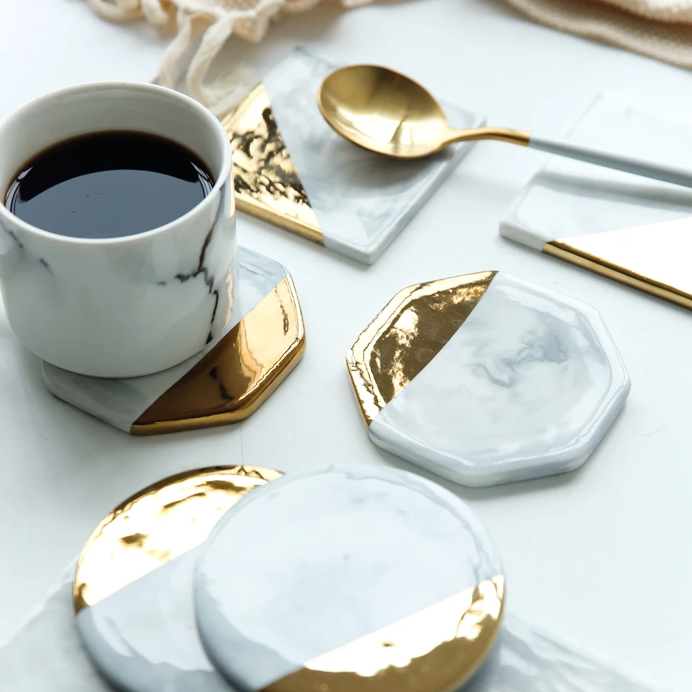 

NIMITIME Nordic Design Ceramic Marble Heat Insulation Mats Gold Edge Tea Mug Pat