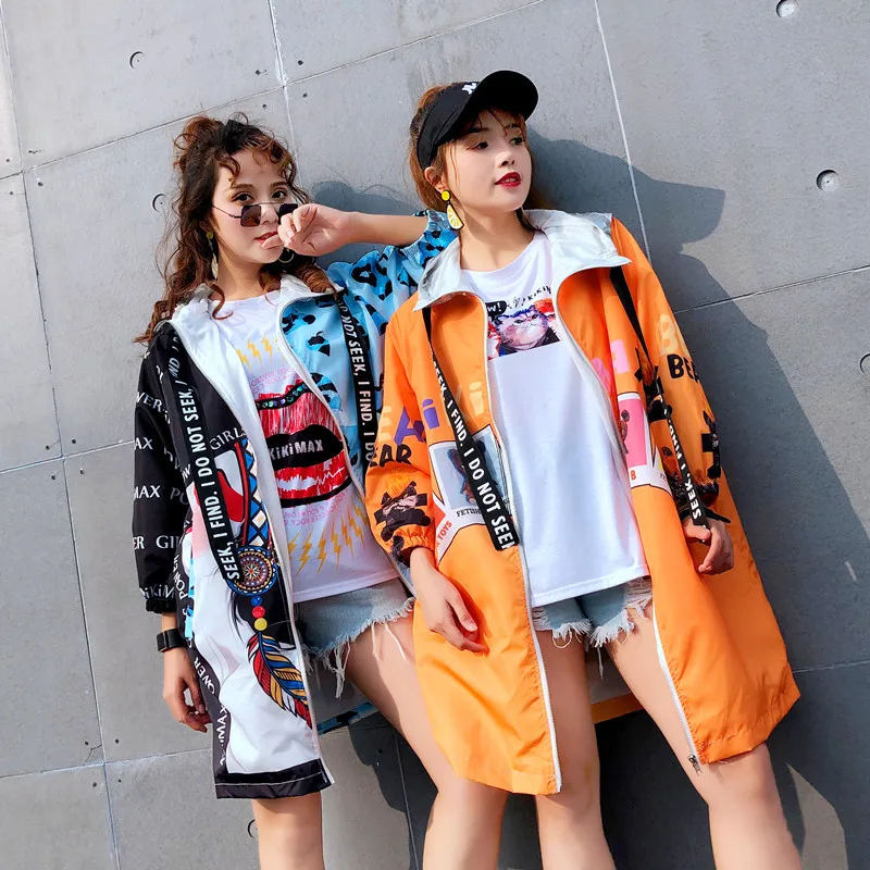 

2019 Spring And Summer New Cartoon Printing Long Loose Cardigan Women's Jacket Casual Hip Hop Coat