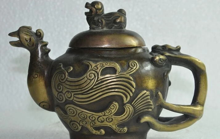 

marked chinese fengshui bronze foo dog dragon phoenix Wine Tea Pot Flagon Teapot
