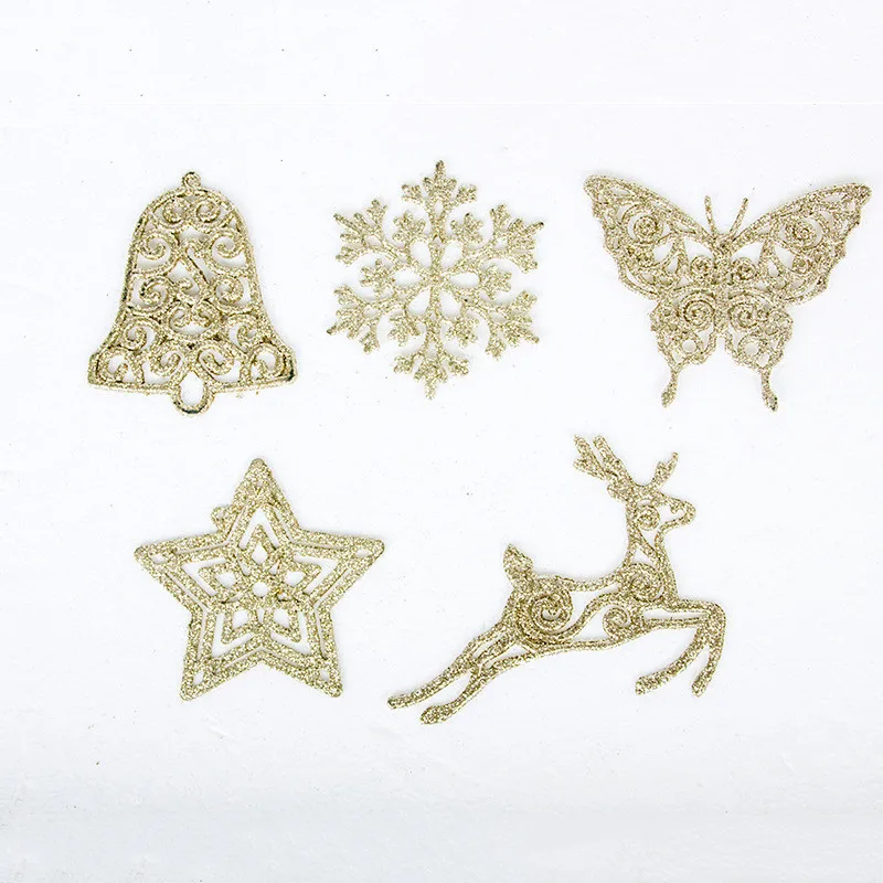 

6pcs PVC Golden Shining Hanging Christmas Tree Decorations Elk Jingle Bell Star Snowflower