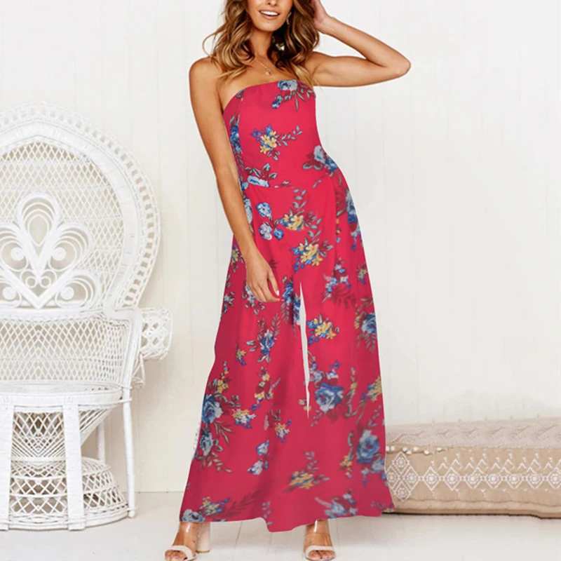 DORVIVON Sexy Strapless Floral Print Women Jumpsuit Wide Leg Boho Bodysuits Women 2019 Beach Wear Overalls Female Playsuit 2019